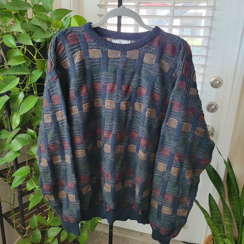 FARAH MENS LARGE ACRYLIC 3D PATTERN SWEATER GRANDPA VTG 90S GEOMETRIC RETRO